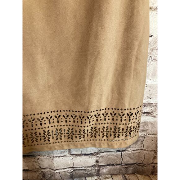 Lila Rose Dress Womens 6 Camel Brown Microsuede Laser Cut Trim A Line Stretch - Picture 8 of 14